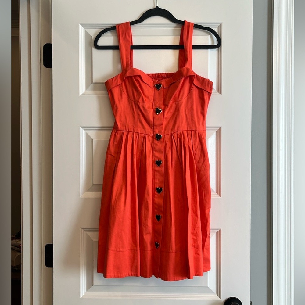 Orange Betsey Johnson Midi Dress - Black Heart buttons. Size 4 - Zipper Damage